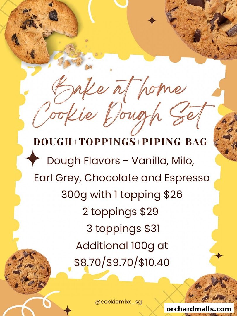 A 'Bake at home Cookie Dough Set' with various flavors and topping options.