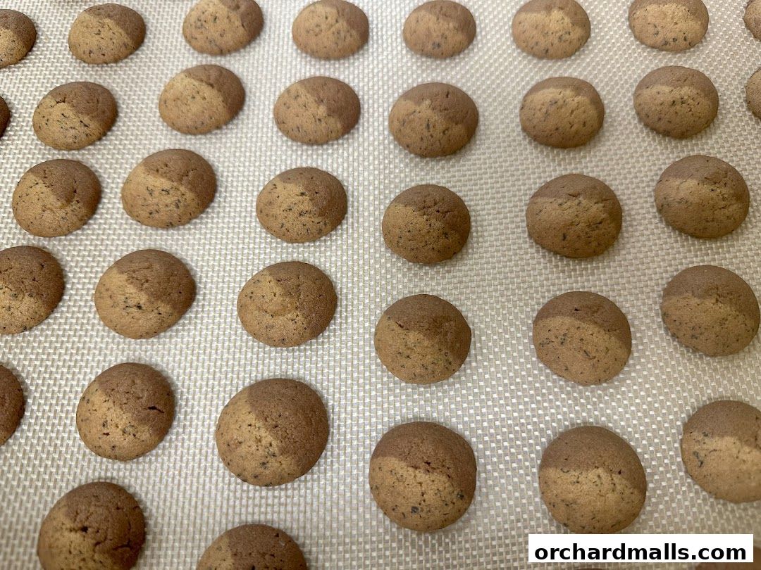 A close-up shot of many freshly baked cookies arranged on a baking mat.
