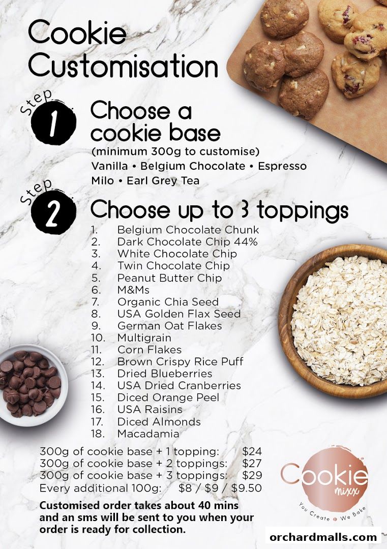 A guide to customising cookies with bases and toppings, with pricing and order information.