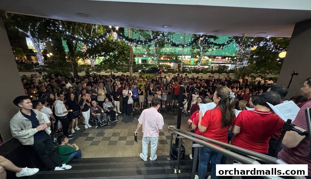 A large group of people gathered outdoors at night, holding candles and singing.