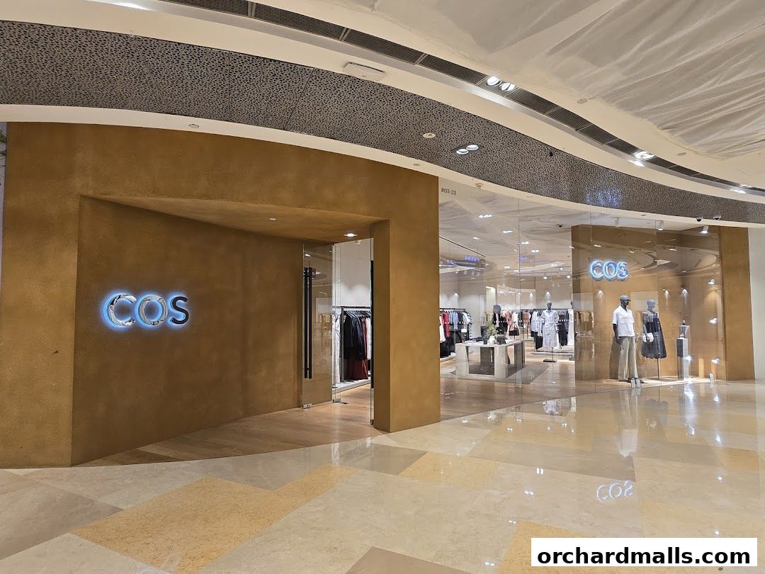 The entrance to a COS clothing store with illuminated signage and mannequins displaying fashion.