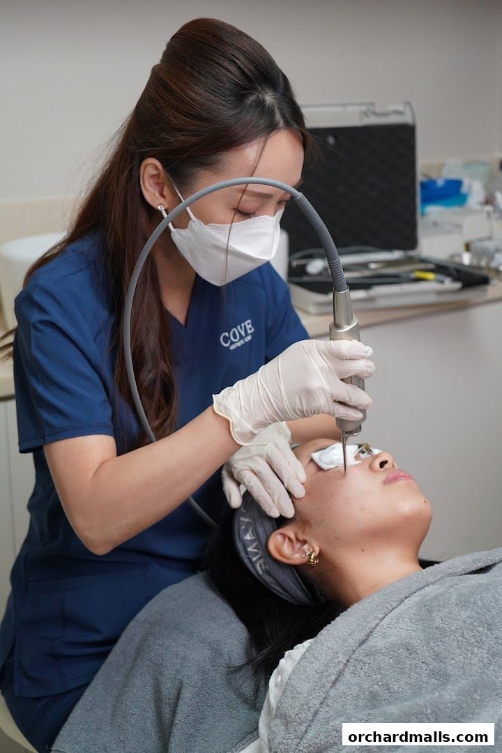 Aesthetician performing a facial treatment on a client's face with a device.