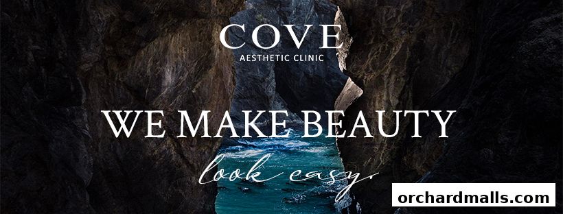 Cove Aesthetic Clinic logo and tagline superimposed on a rocky cave opening with ocean view.