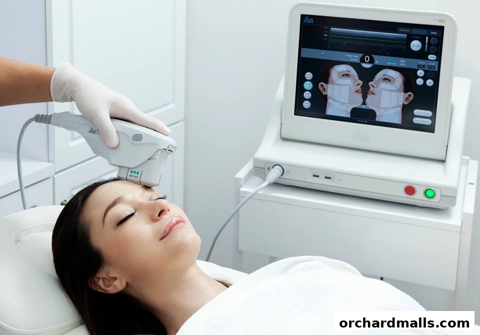 Aesthetic treatment being performed on a woman's face with advanced technology.