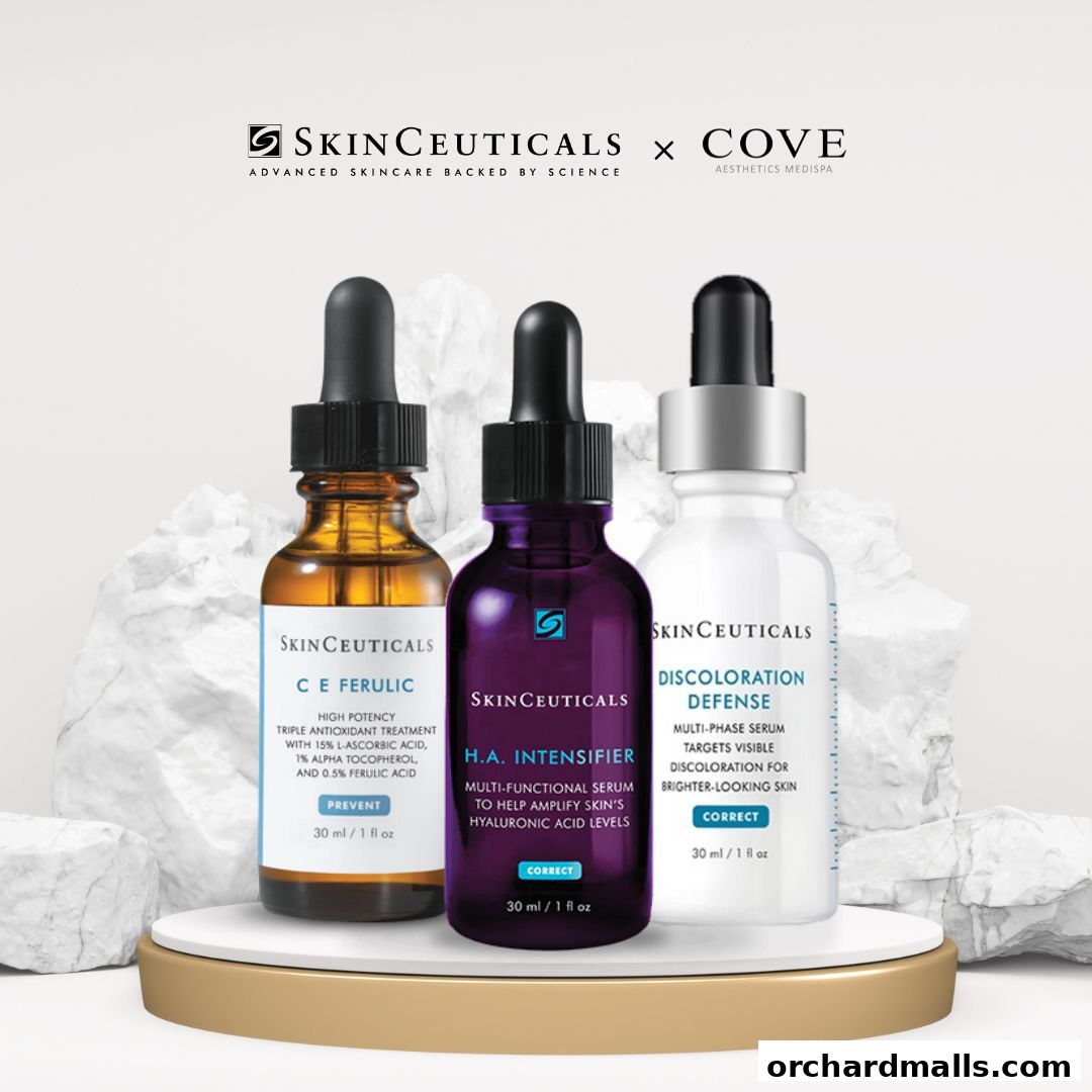 Three SkinCeuticals serums displayed on a pedestal with a marble background.