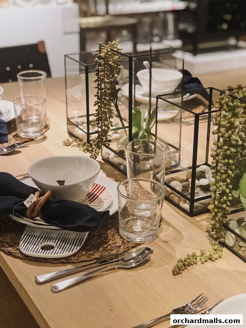 A beautifully set dining table with glassware, plates, cutlery, and decorative terrariums.