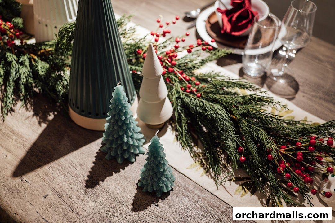 Festive table setting with pine garland, red berries, and tree-shaped candles.