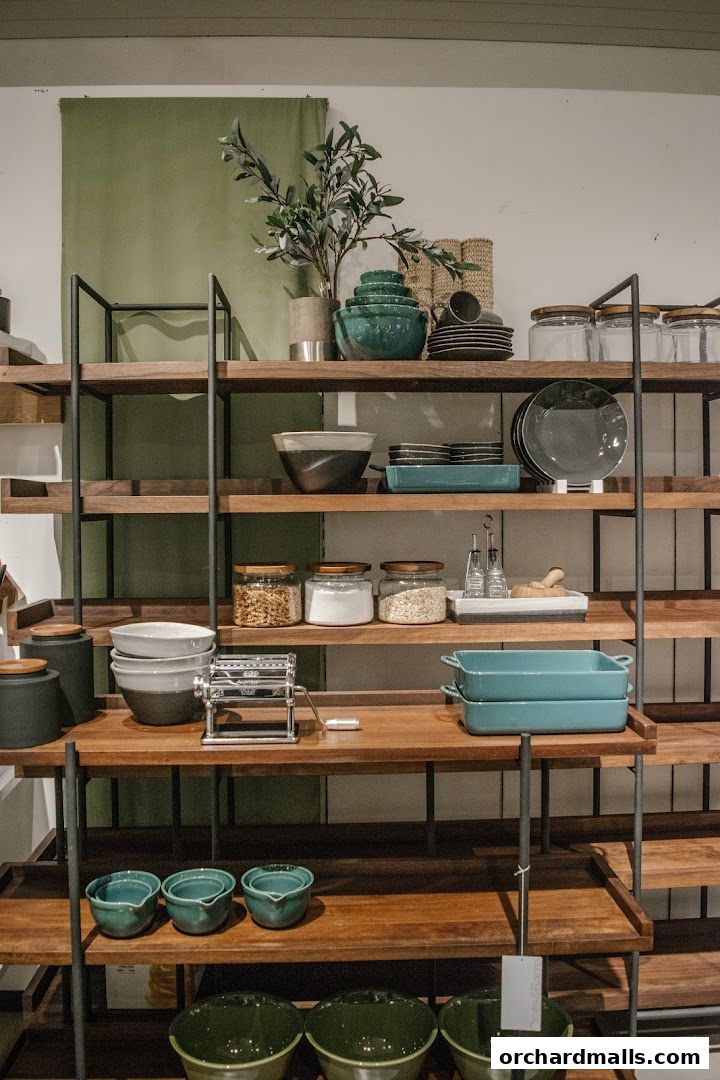 Shelves display kitchenware, including bowls, jars, and a pasta maker.
