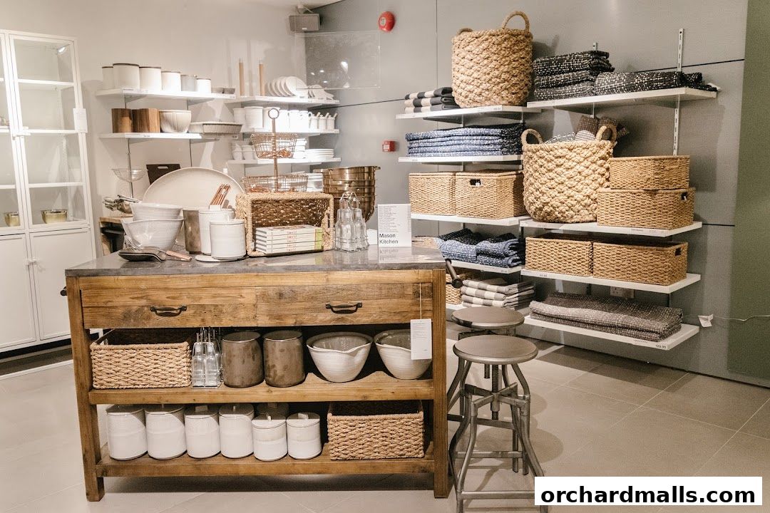 A Crate and Barrel store interior showcasing kitchenware and home decor items.