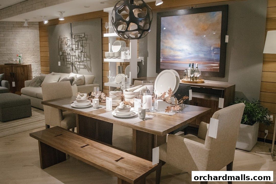 A Crate and Barrel dining set with chairs, bench, and table settings.
