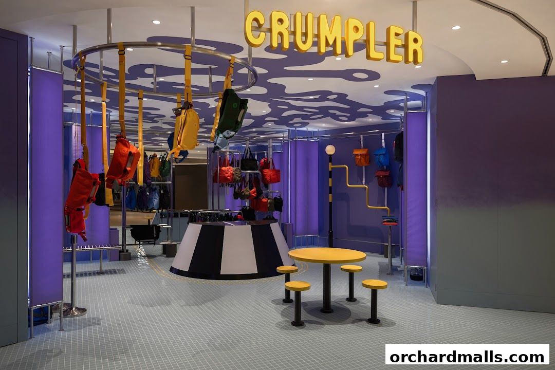 Interior of a brightly lit shop with colorful bags displayed on racks and hanging from the ceiling.