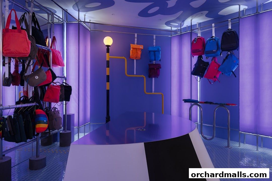 Interior of a shop displaying a variety of colorful bags and backpacks on racks.