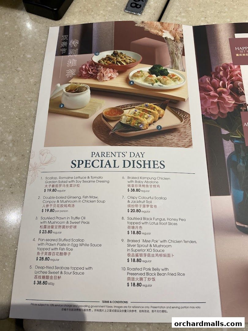 A menu page showcasing 'Parents' Day Special Dishes' with enticing food photography.
