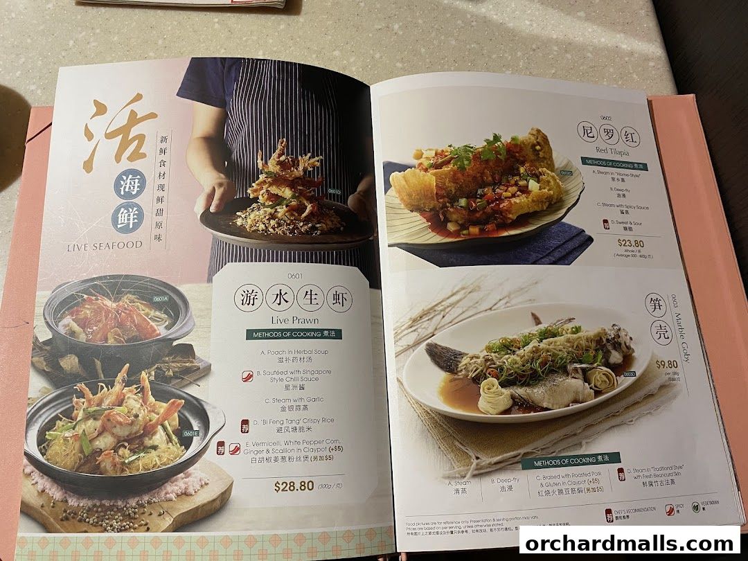 A menu from Crystal Jade Hong Kong Kitchen showcasing live seafood dishes.