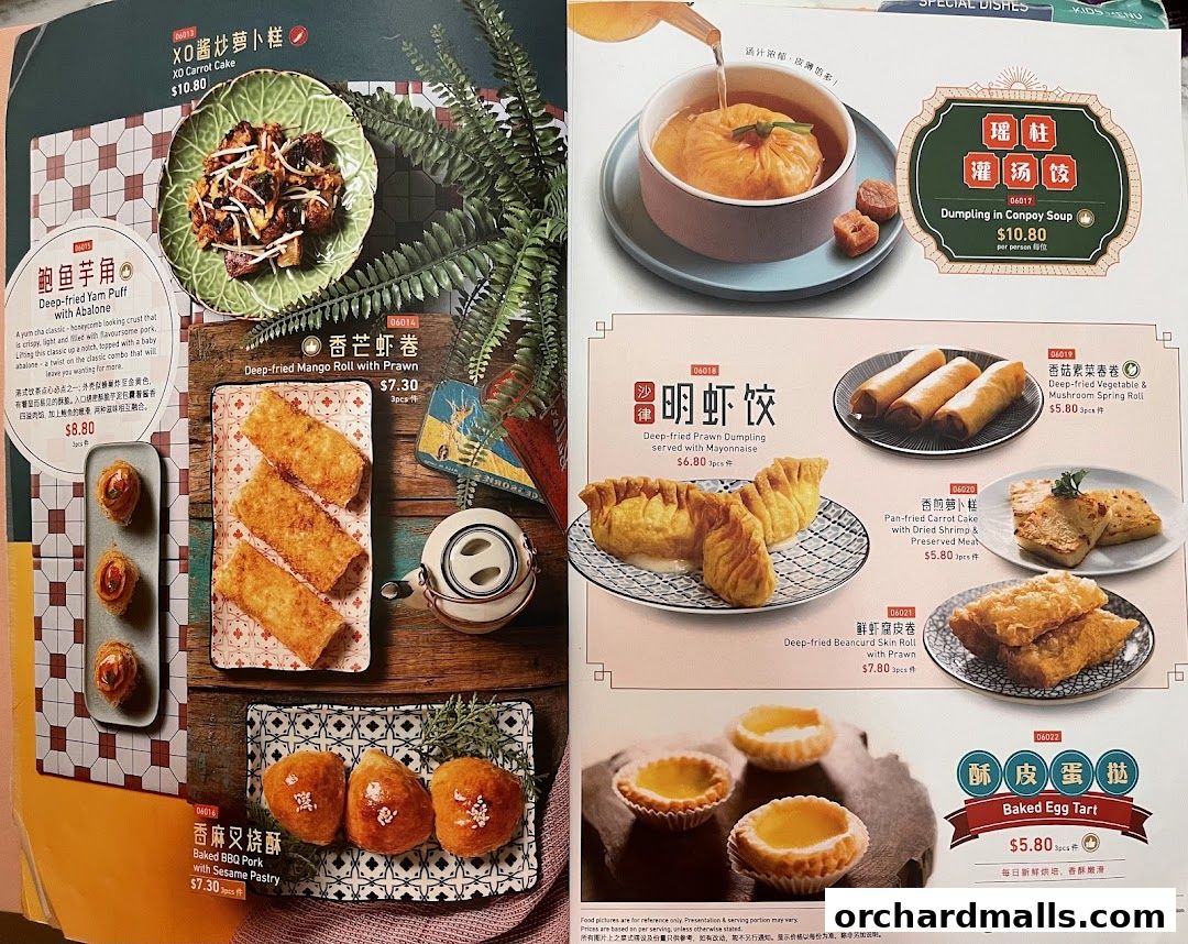 A menu spread showcasing various dim sum and baked items from Crystal Jade Hong Kong Kitchen.