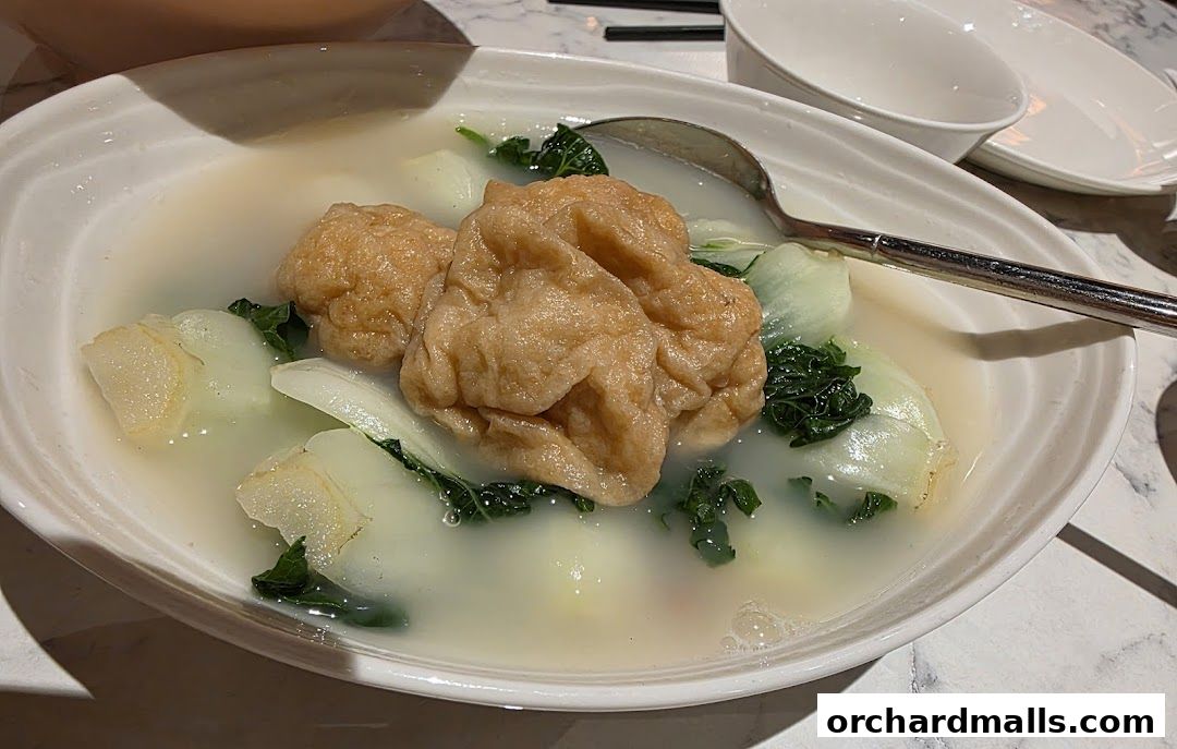 A bowl of soup with tofu, bok choy, and other vegetables, served with a spoon.