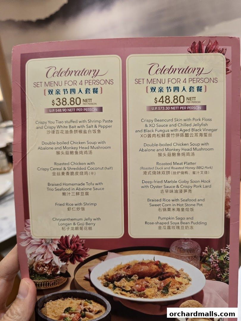A menu for celebratory set meals for 4 persons at Crystal Jade Hong Kong Kitchen.