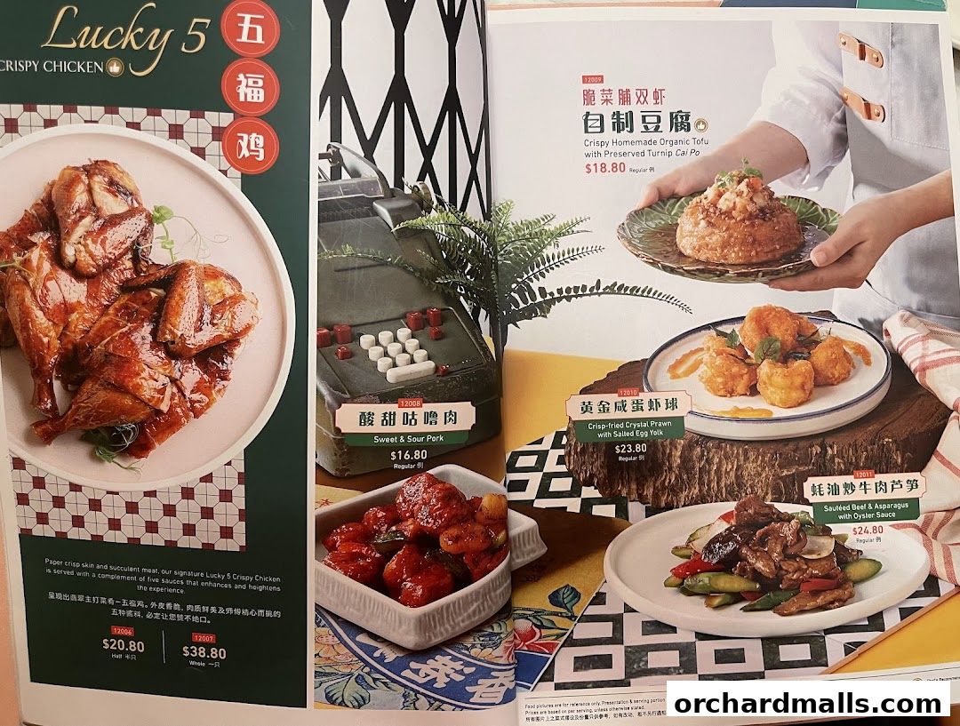 A menu page showcasing various Chinese dishes including crispy chicken, tofu, and stir-fries.