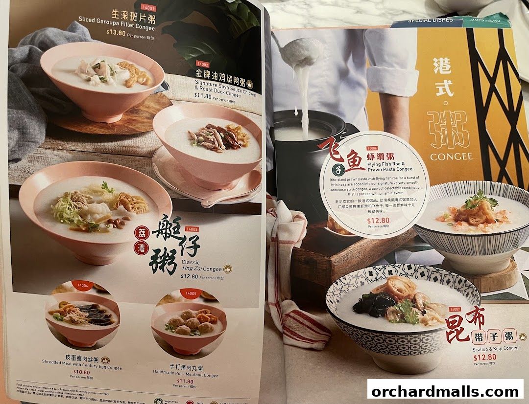 A menu showcasing various congee dishes with prices and descriptions.