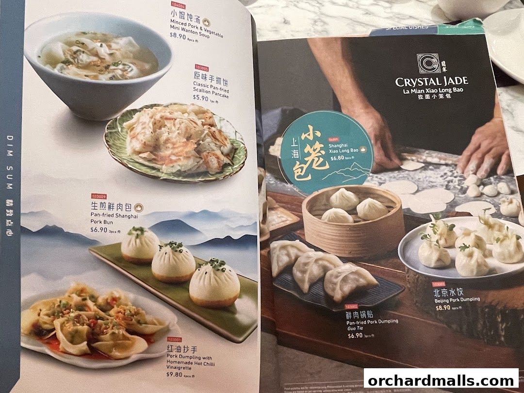 A menu showcasing various dim sum dishes from Crystal Jade Hong Kong Kitchen.