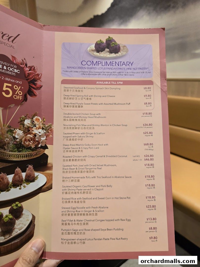 A menu from Crystal Jade Hong Kong Kitchen featuring various Chinese dishes and desserts.