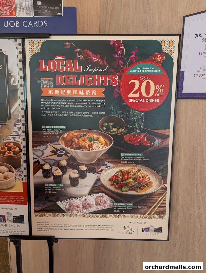 A promotional poster for Crystal Jade Hong Kong Kitchen featuring local delights and special offers.