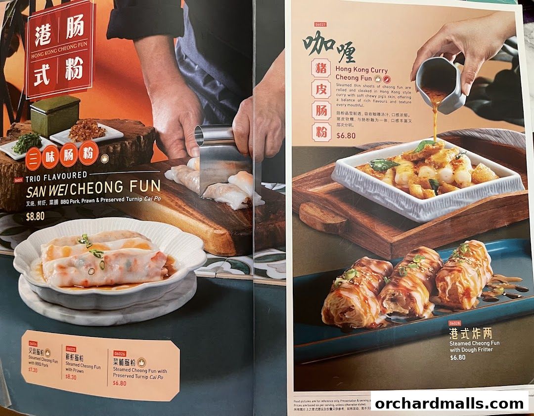A menu showcasing various Hong Kong style steamed rice noodle rolls with different fillings and sauces.
