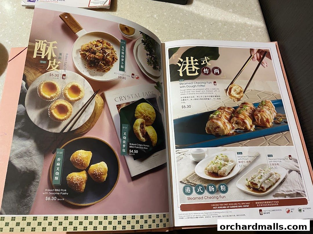 A menu from Crystal Jade Hong Kong Kitchen showcasing various dim sum dishes.