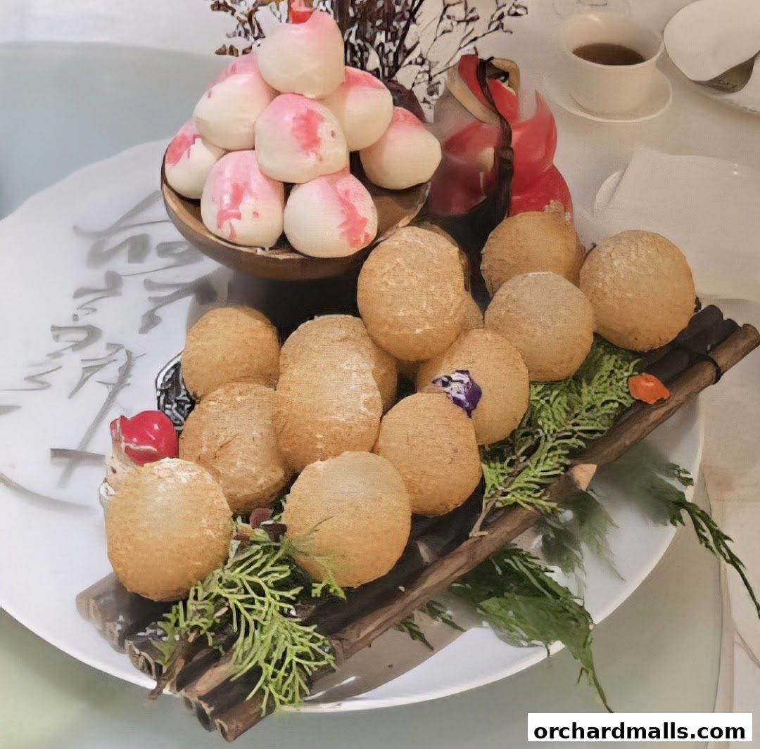 A platter of golden fried balls and peach-shaped buns, artfully arranged with greenery.