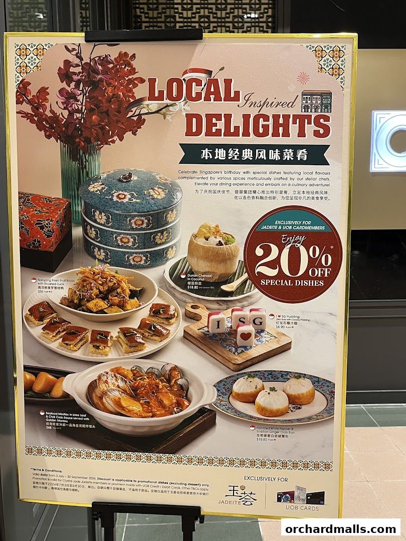 A promotional poster for Crystal Jade Palace featuring local delights and a 20% discount.