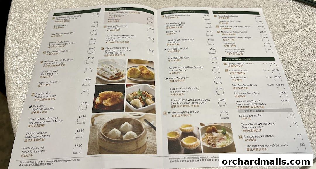 A menu from Crystal Jade Palace featuring dim sum, congee, noodles, and rice dishes.
