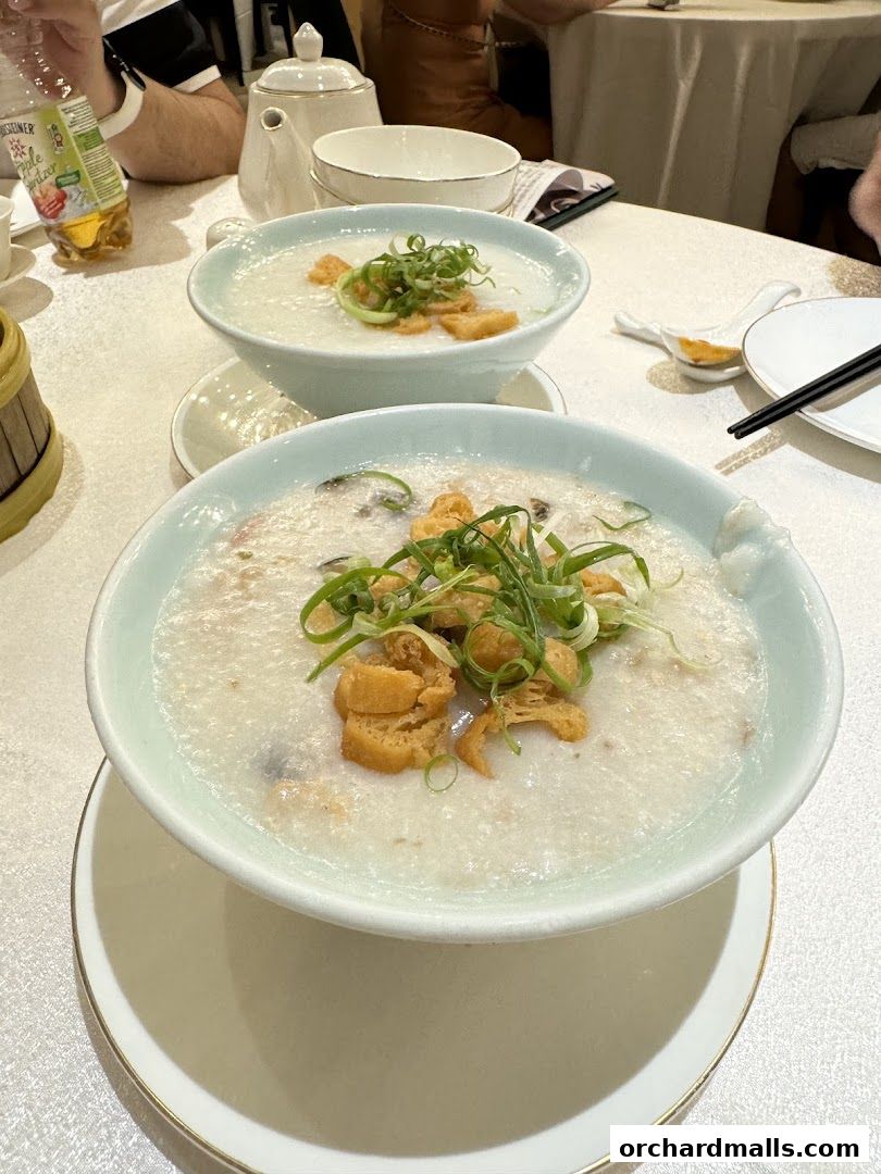 Two bowls of congee topped with scallions and crispy bits on a table.