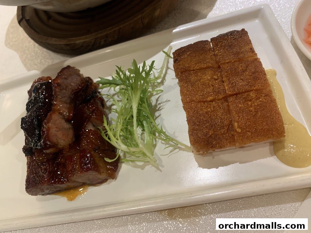 A plate of roasted meats, including char siu and crispy pork belly, with a side of greens.