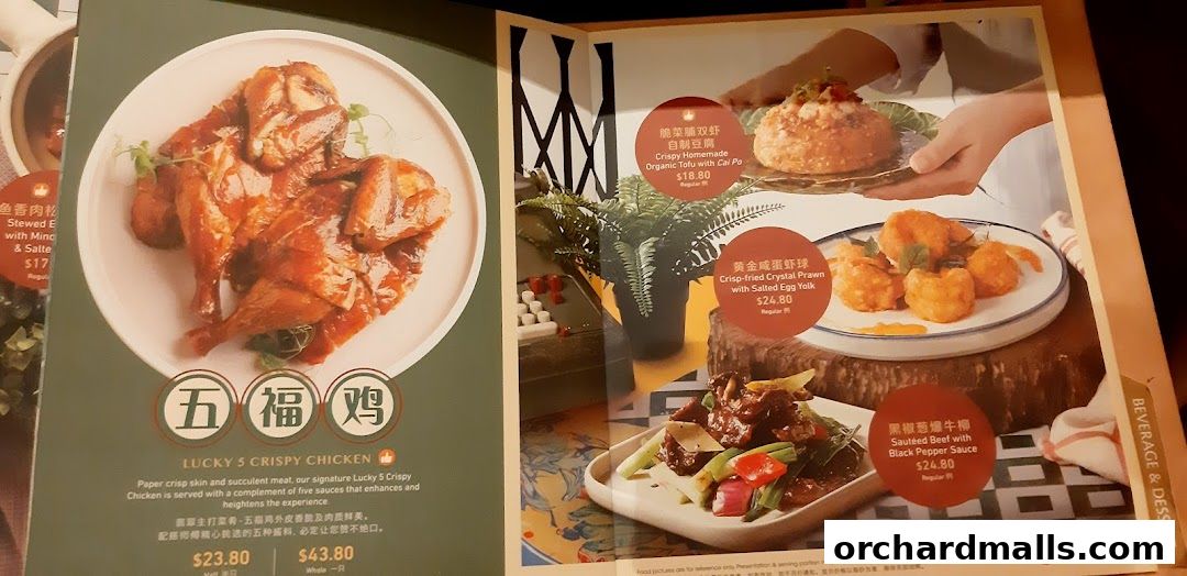A menu from Crystal Jade Palace featuring crispy chicken, tofu, prawns, and beef dishes.