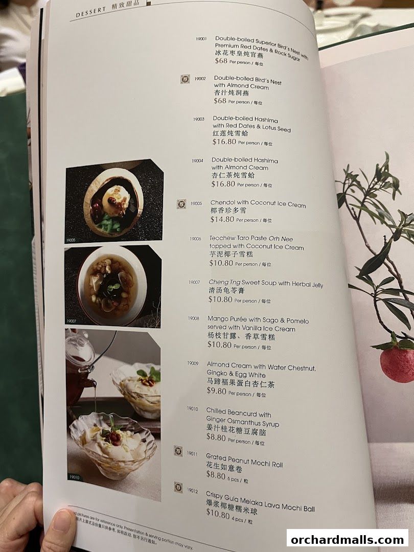 A page from a dessert menu featuring various sweet dishes with descriptions and prices.