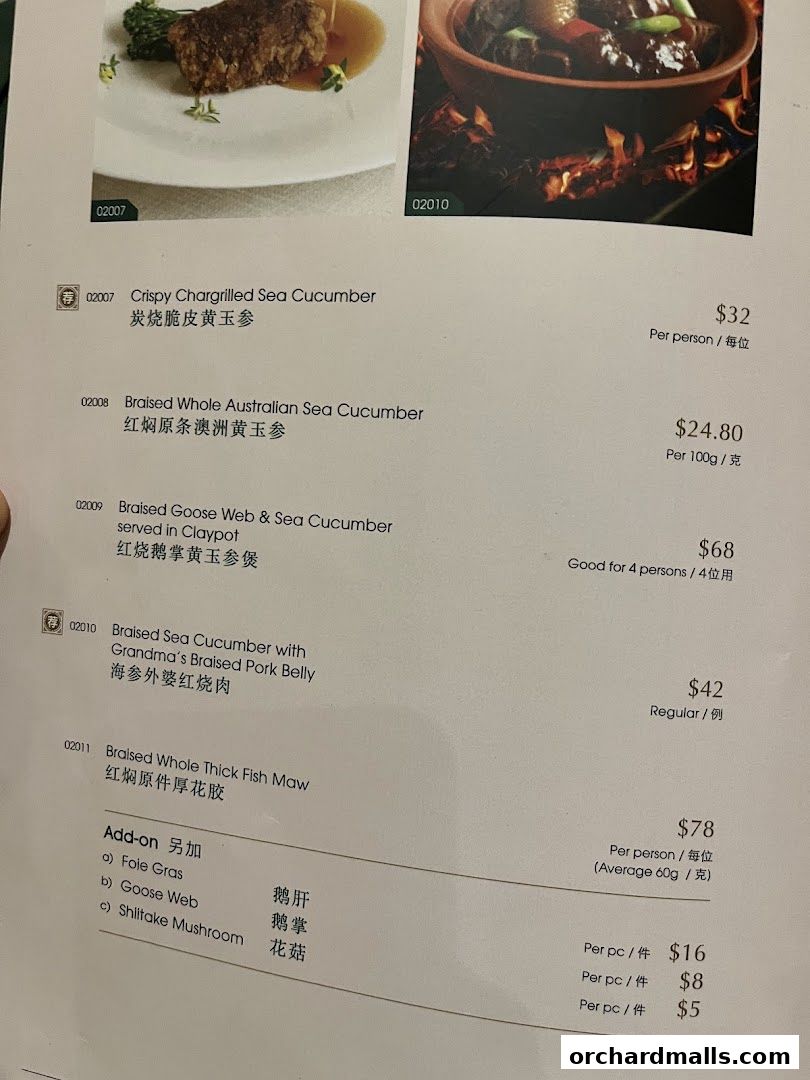 A menu from Crystal Jade Palace featuring seafood and meat dishes with prices.