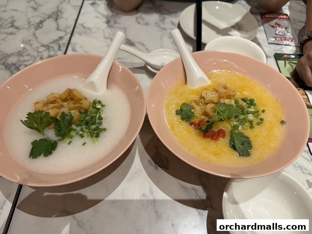 Two bowls of congee, one plain and one with egg, garnished with herbs and fried dough.