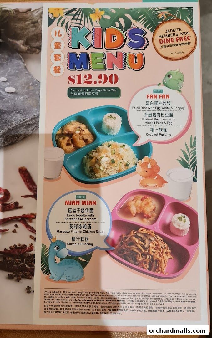 A kids' menu from Crystal Jade Palace featuring two meal sets with main dishes, soup, and dessert.