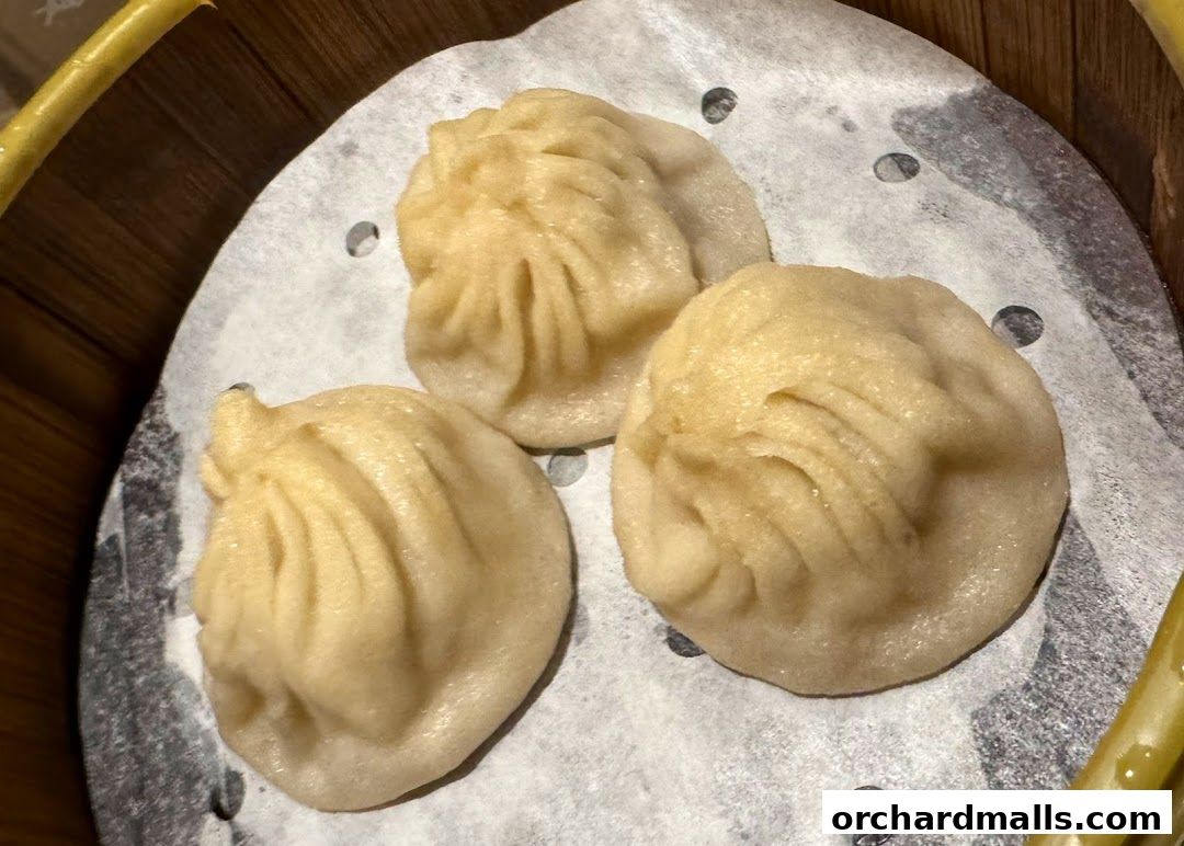 Three delicious soup dumplings served in a bamboo steamer basket.