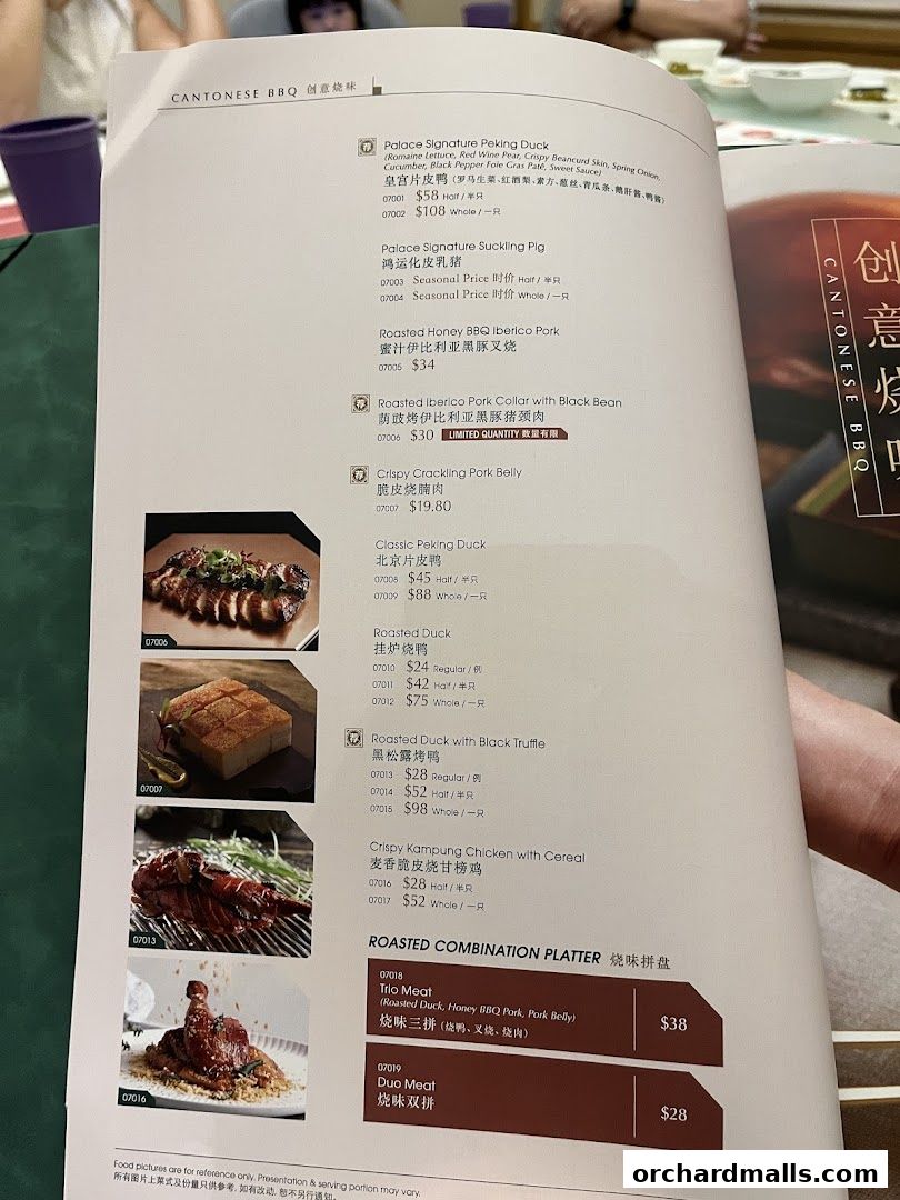A menu page from Crystal Jade Palace featuring Cantonese BBQ dishes with prices and descriptions.