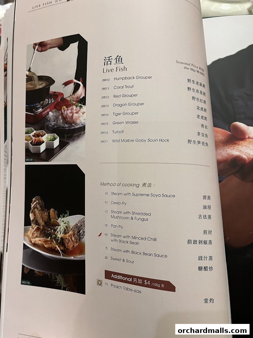 A menu page from Crystal Jade Palace featuring live fish options and cooking methods.