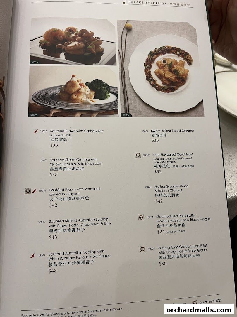 A menu page from Crystal Jade Palace featuring various seafood dishes with images and prices.