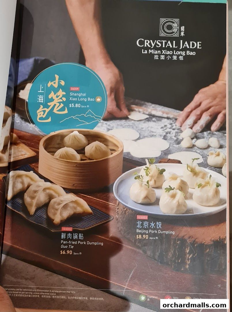A menu page showcasing Crystal Jade's signature dumplings and buns.