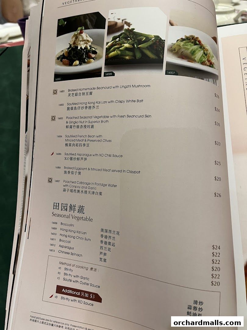 A menu page from Crystal Jade Palace featuring vegetable dishes with prices and descriptions.