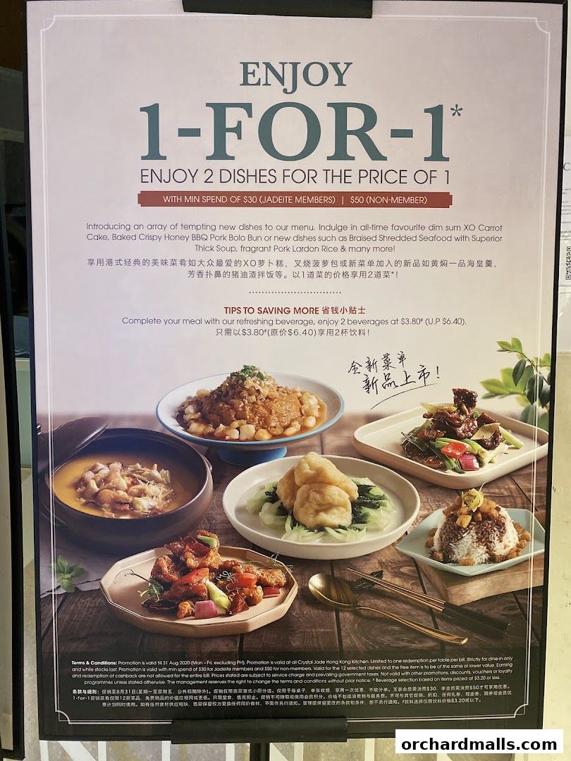 A promotional poster for Crystal Jade Palace's 1-for-1 dish offer with enticing food photography.