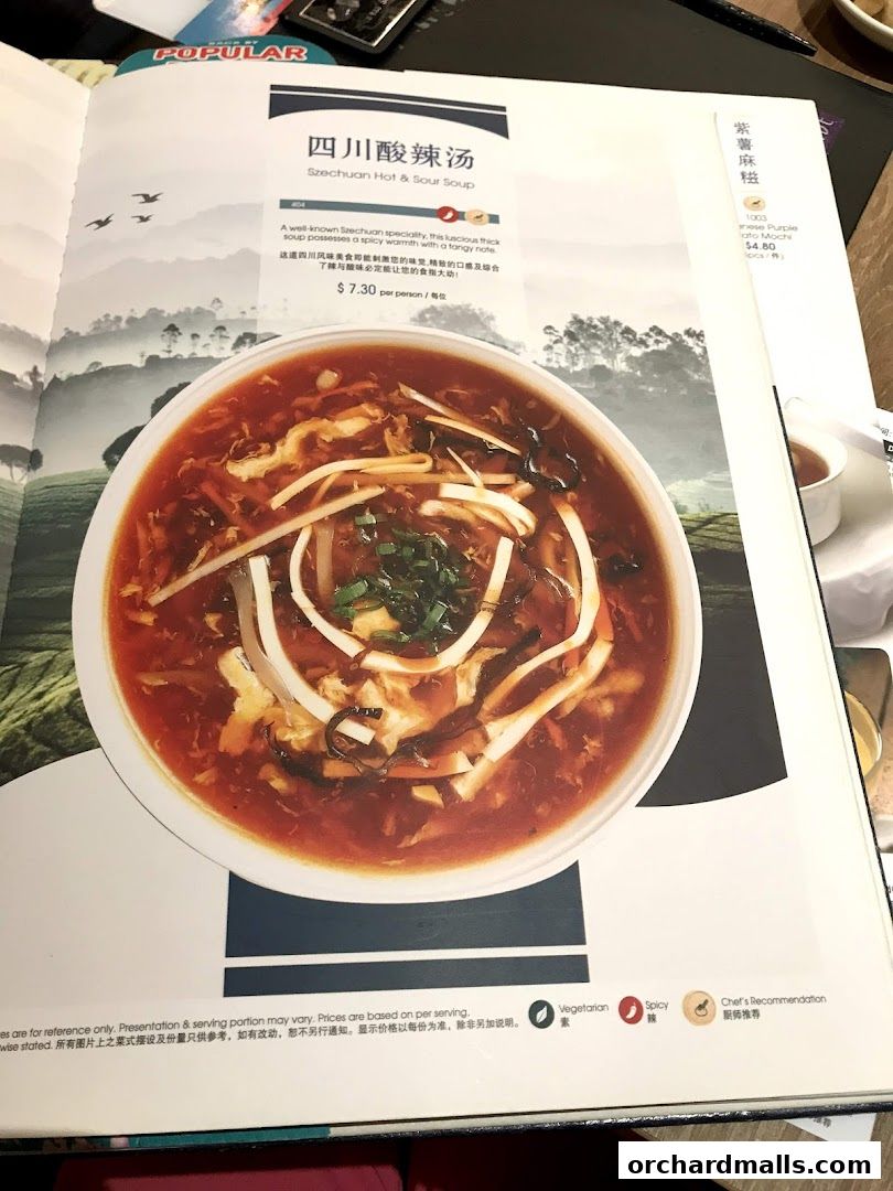 A menu page featuring Szechuan Hot & Sour Soup with a scenic background.