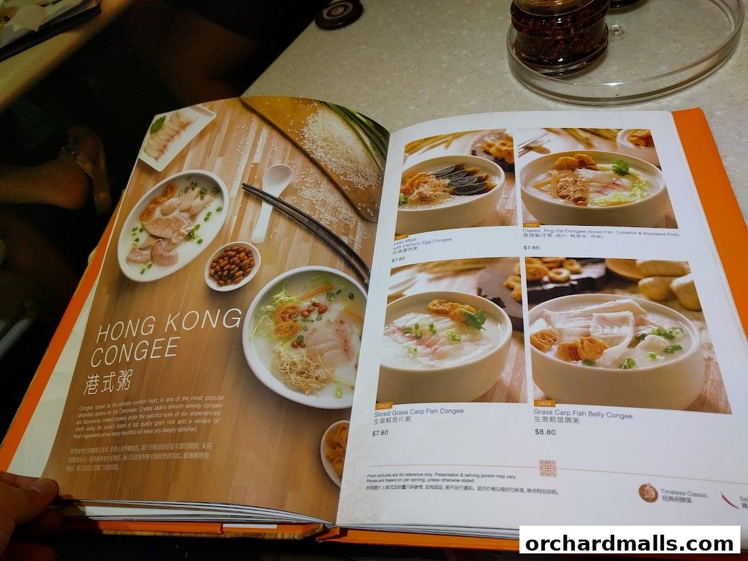 A menu page from Crystal Jade Palace showcasing various congee dishes with images and prices.