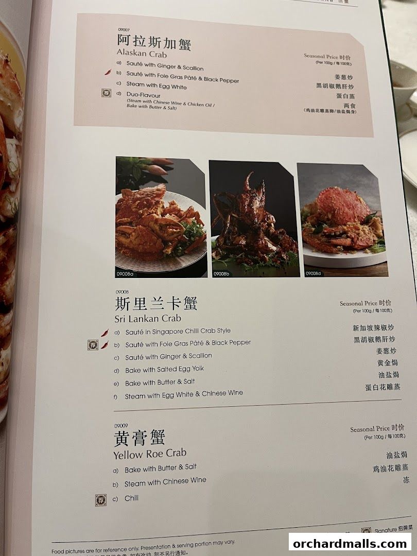 A menu page from Crystal Jade Palace featuring various crab dishes with descriptions and preparation methods.