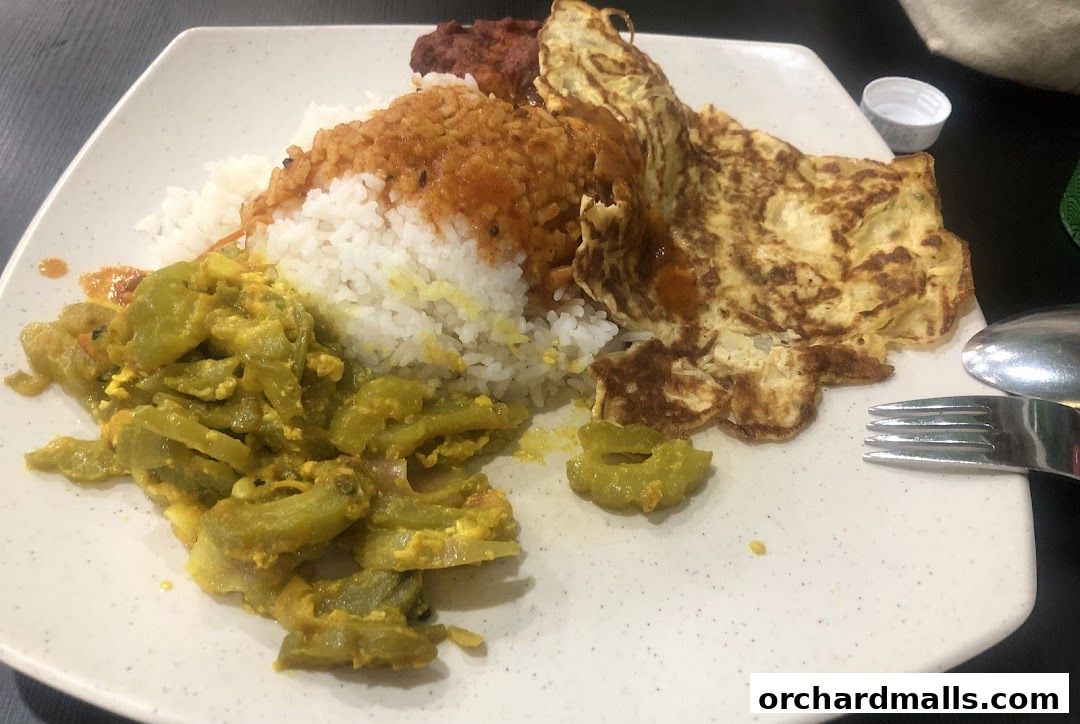 A plate of rice with curry, fried egg, and bitter gourd dish.