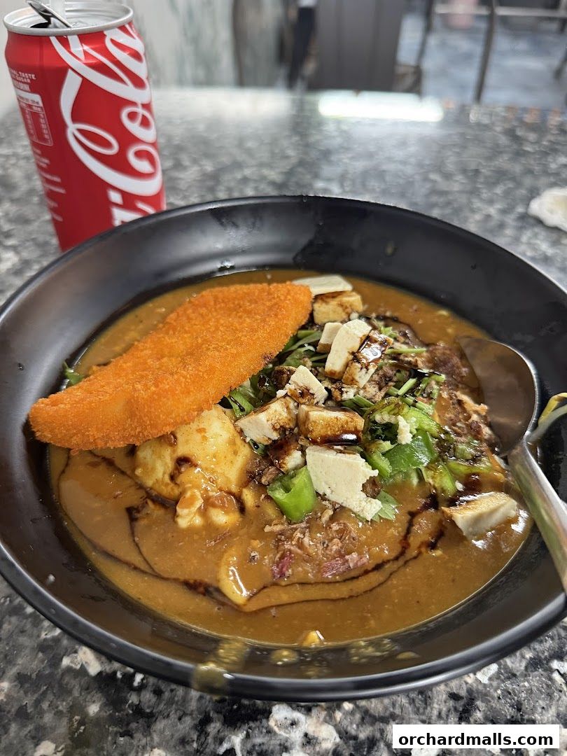 A bowl of curry with a fried fish fillet and a can of Coca-Cola.